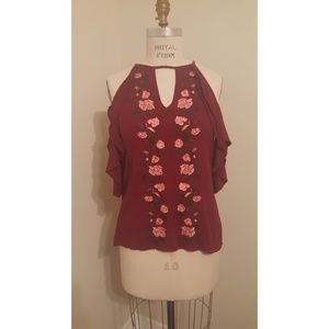 Maroon shirt with floral embroidery